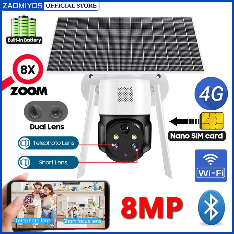 

4K 8MP IP Camera Security Camera Solar 4G SIM Card/wifi Surveillance Cameras Outdoor PTZ Wireless CCTV Camera Motion Detection