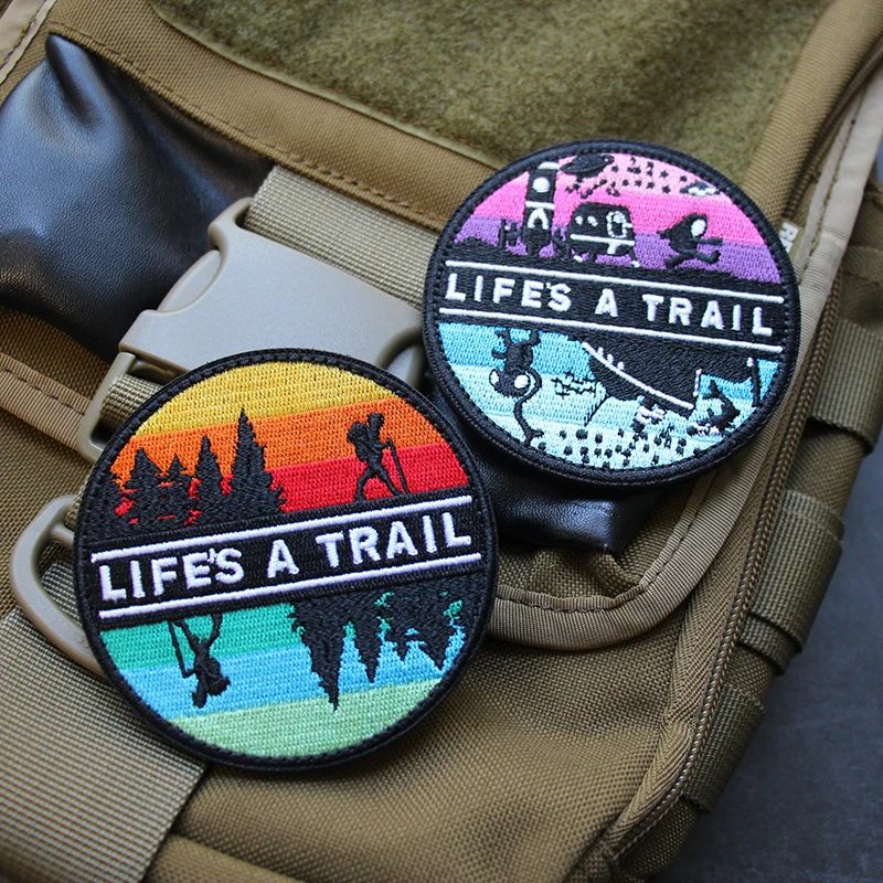 Round Outdoor Embroidery Patch LIFE'S A TRAIL Landscape Hook and Loop Badge for Tactical Pack Vest Decorative Sticker Decal