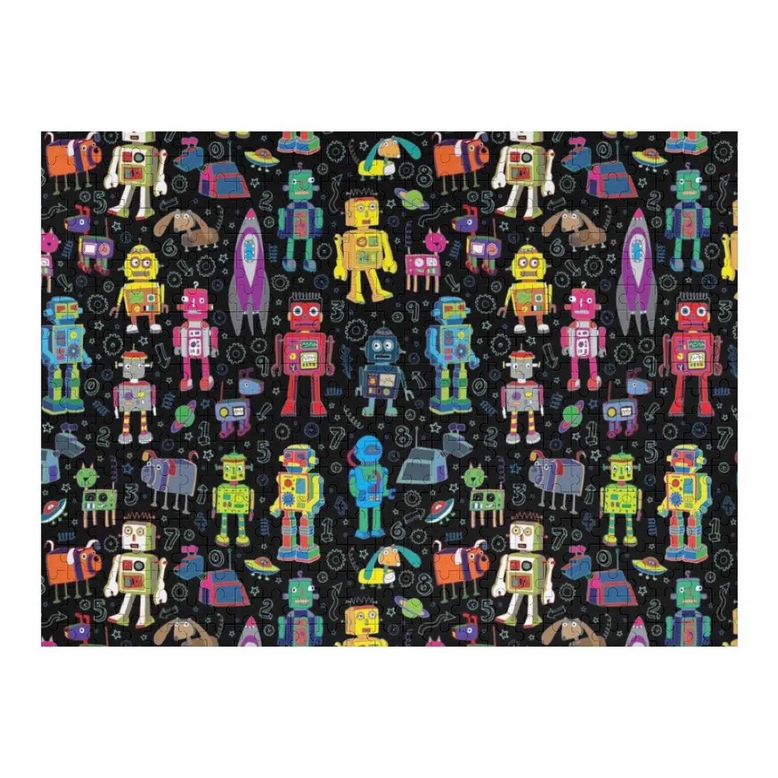 الروبوتات في الفضاء - أسود - نمط ممتع من Cecca Designs Jigsaw Puzzle Wood Photo Personalized Baby Wooden Puzzle
