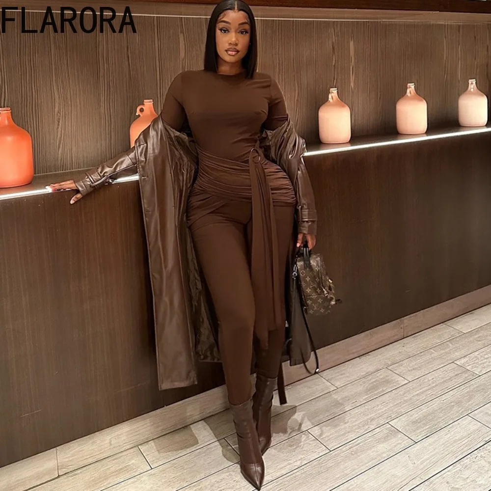 FLARORA Jumpsuit Patchwork Pita Elegan Wanita Warna Solid Leher Bulat Lengan Panjang Bodycon One Piece Playsuits Pakaian Klub Pesta