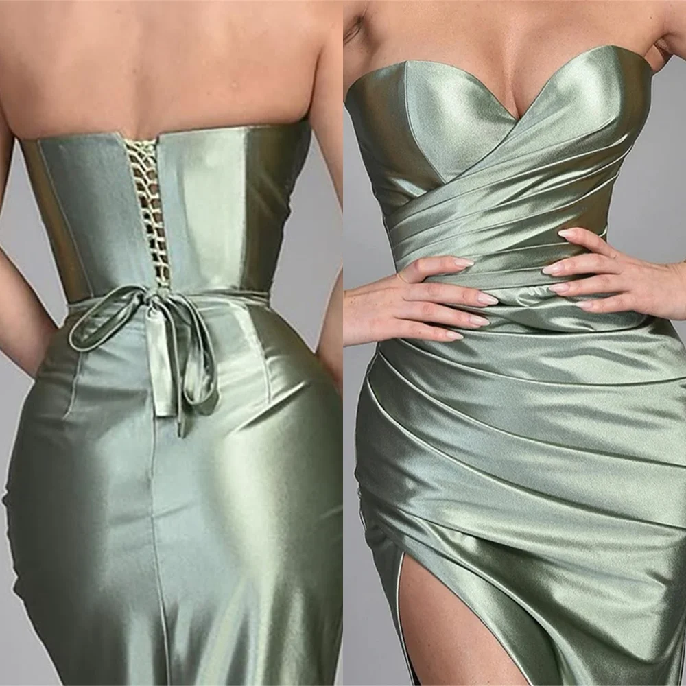 

Customized Mermaid Green Satin Evening Dress High Quality Sweetheart Sleeveless Homecoming Dresses Lace Up Back Prom Dress