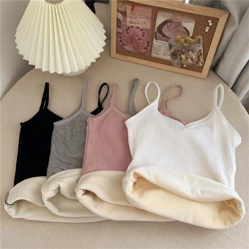 Winter Thermal Underwear Tops Women Velvet Thickened Suspender Bottomed Shirt Slim Warm Sling Vest Sexy Plus Female Undershirt