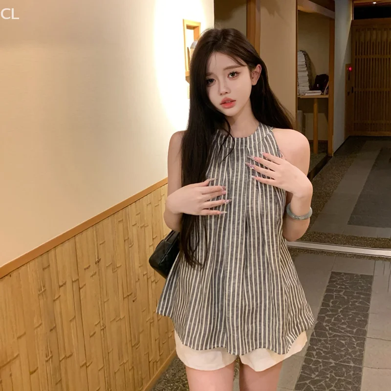 

French Style Striped Sleeveless Halter Neck Shirt For Women Summer Design Loose Tops