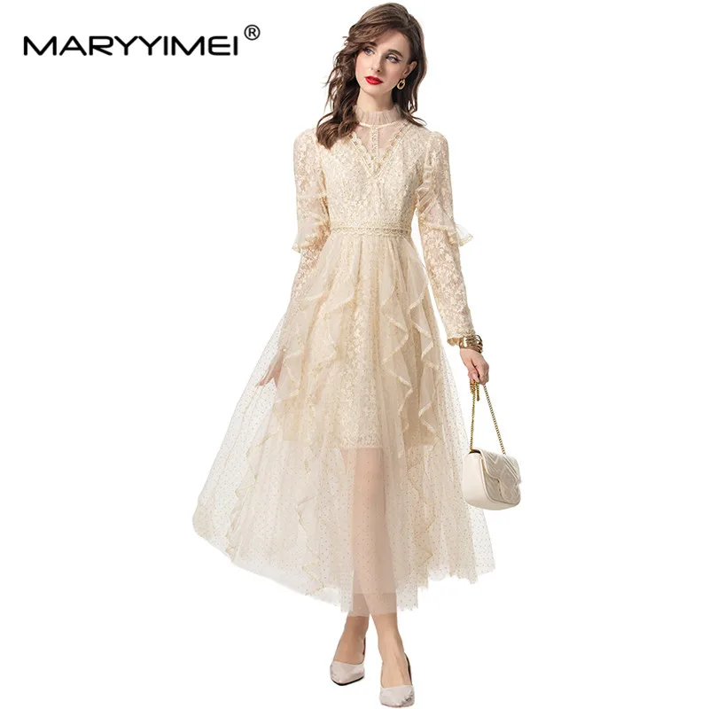 MARYYIMEI Spring Summer Women\'s Stand Collar Long-Sleeve Mesh Splicing Flounced Edge Fashion Lace Dresses