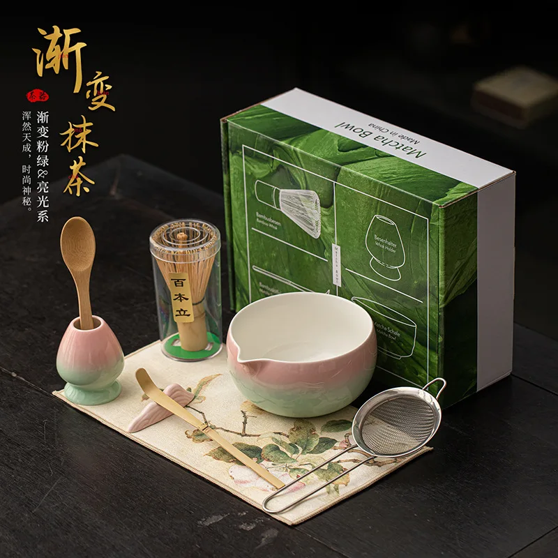 

8шт ​ ​ ​ Радужный розово-зеленый градиентный набор матча в стиле династии Сун, керамическая чаша для взбивания чая, бамбуковый венчик, полные инструменты