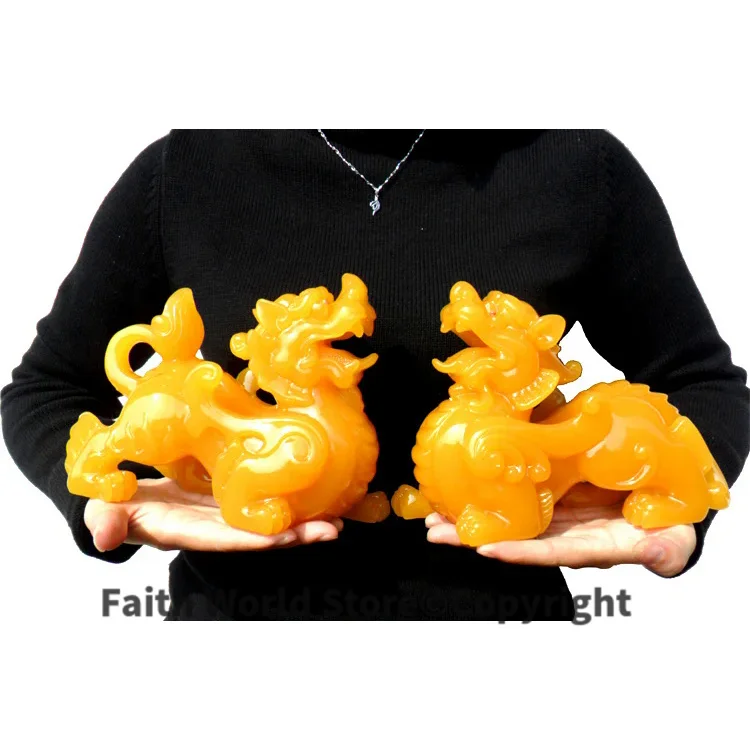 

A pair -20CM Large # office Company shop efficacious FENG SHUI Talisman Inviting Money PI XIU yellow jade Sculpture ART statue