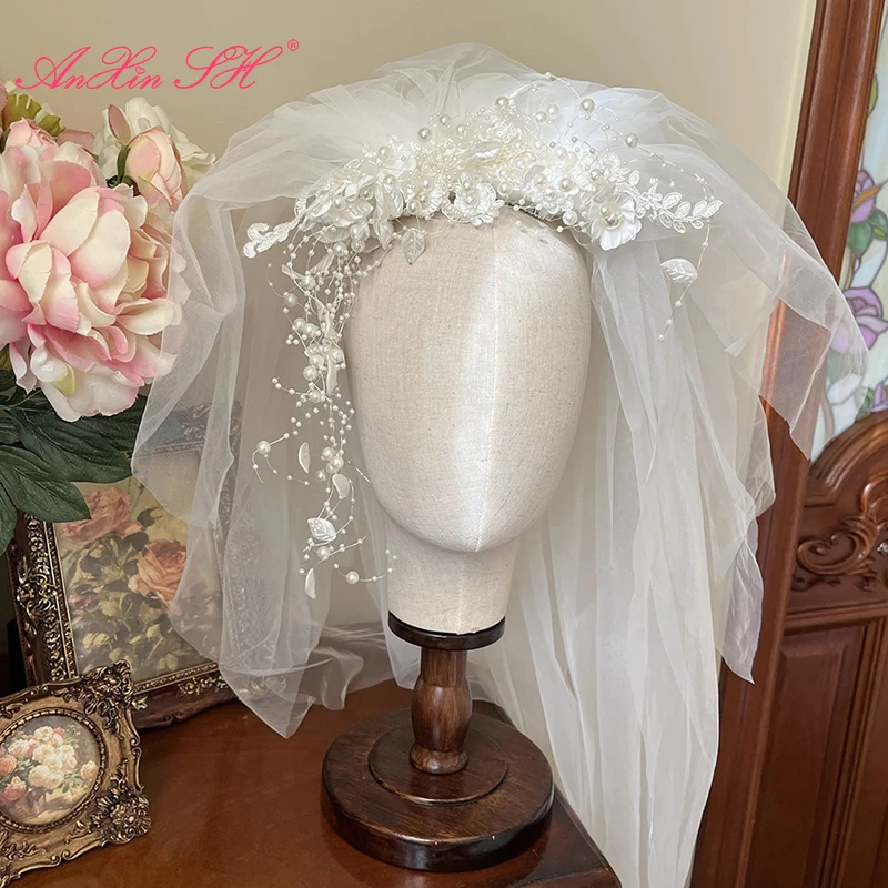 

AnXin SH vintage bride white lace veil princess beading flower peals wedding bride props French customized lace bride veils