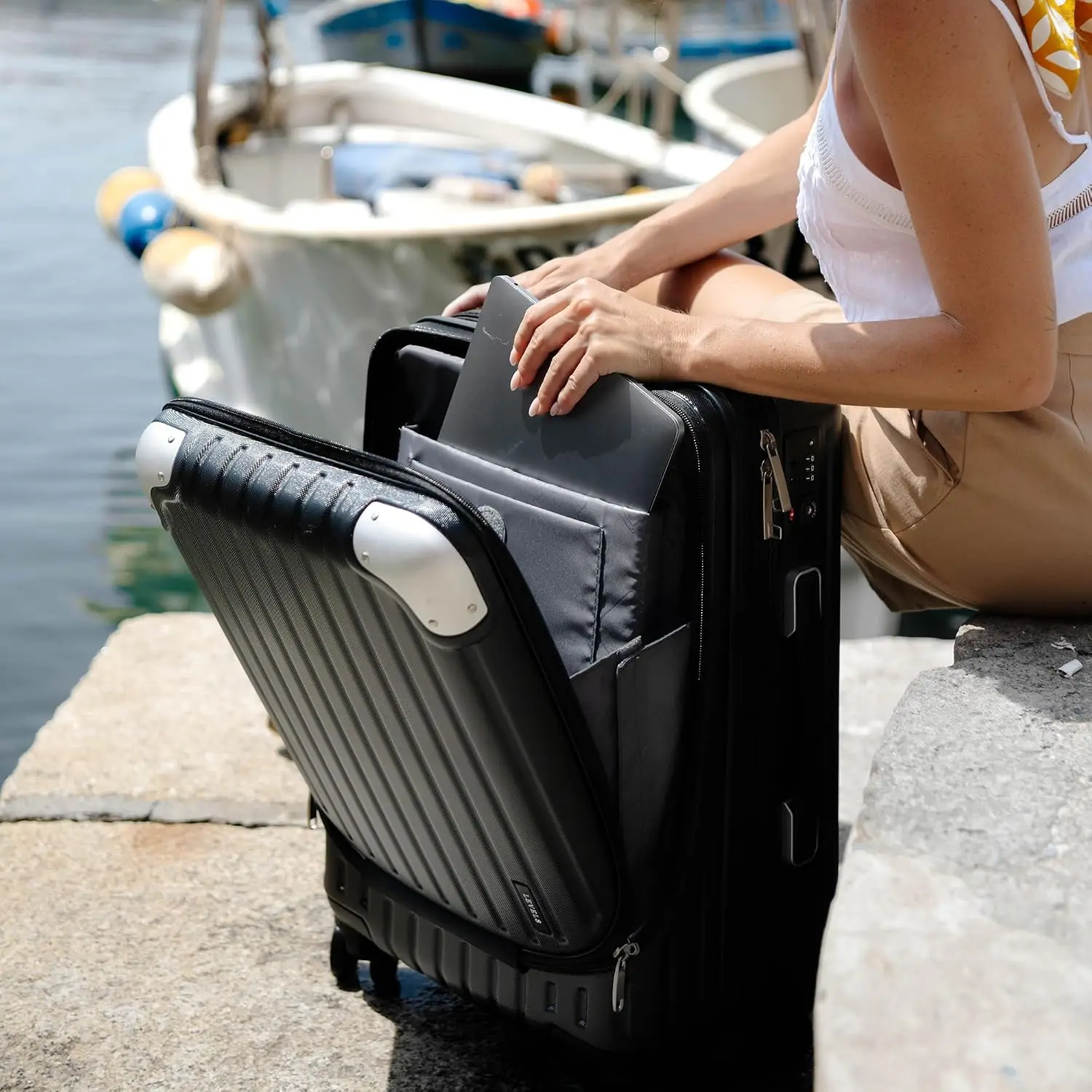 20 Inch Expandable Carry On Suitcase Hard Shell Front Compartment Wheels Tsa Lock Black Airplane Lightweight