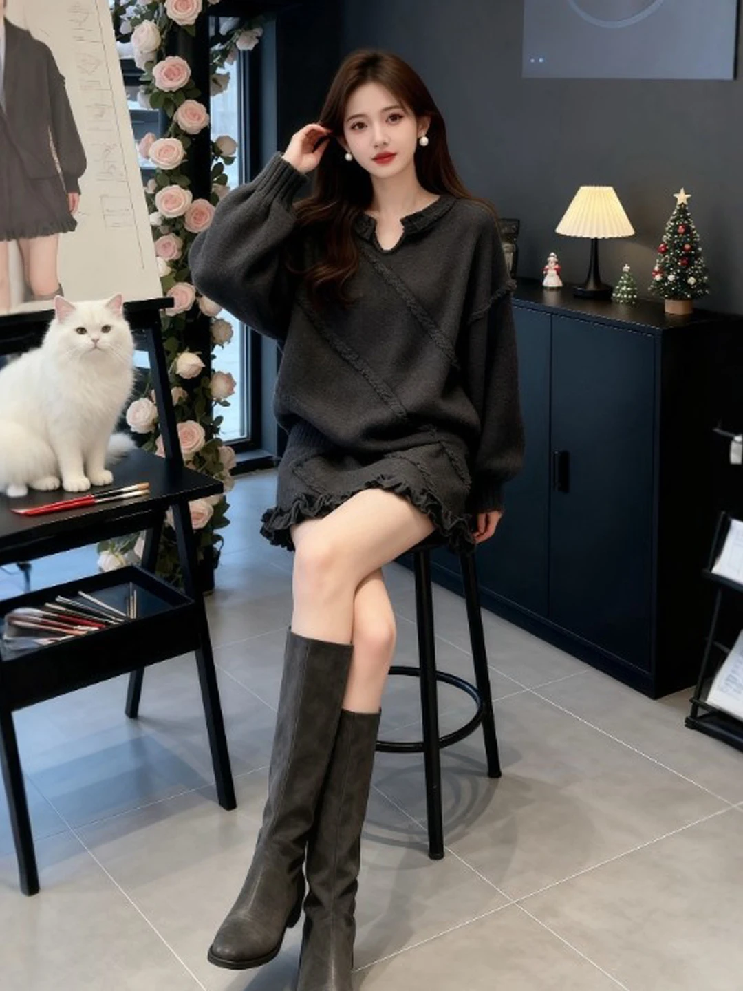 

Korean Style Semi-Formal Two-Piece Set Comfortable Warm Spring Outfit High Waist Short Skirt V-Neck Long Sleeve Top