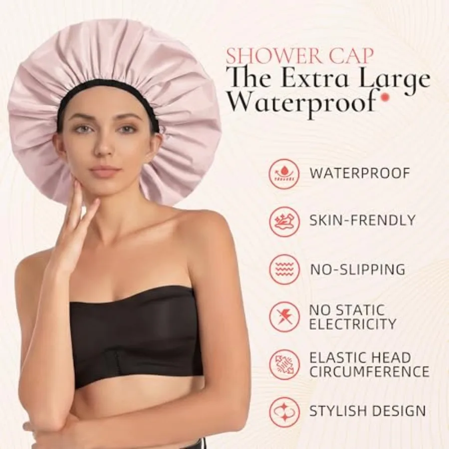 Extra Large Shower Cap for Women, Reusable Waterproof Shower Bonnet with Satin Lining, Double Layer Washable Bath Hair Cap for