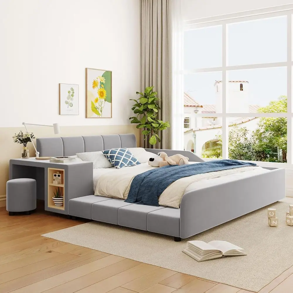 

Queen Size Upholstered Grounded Bed, Mother & Child Bed with Bede Desk and Little Round Stool upholstered Bed e Queen upholstere