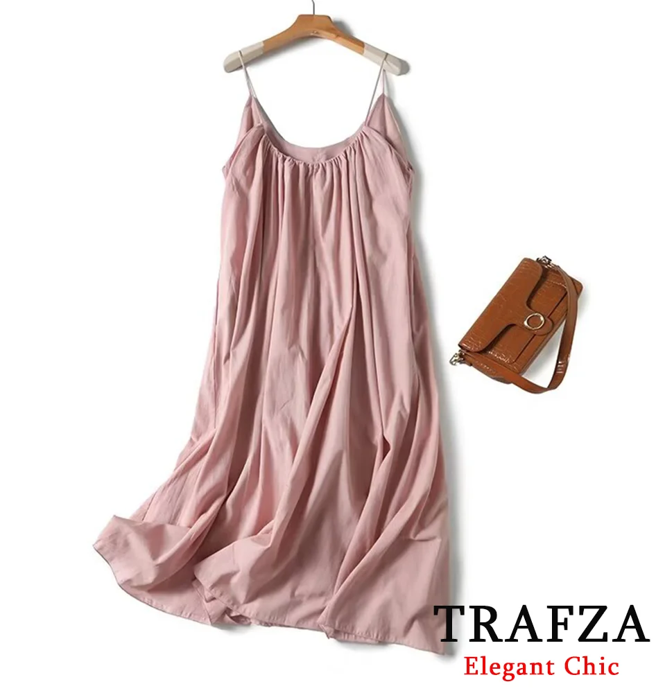 

TRAFZA Luxury Elegent Cotton Blend Dress Women New 2024 Summer Fasion Vacation Sexy Dress Solid Spaghetti Strap Backless Dress