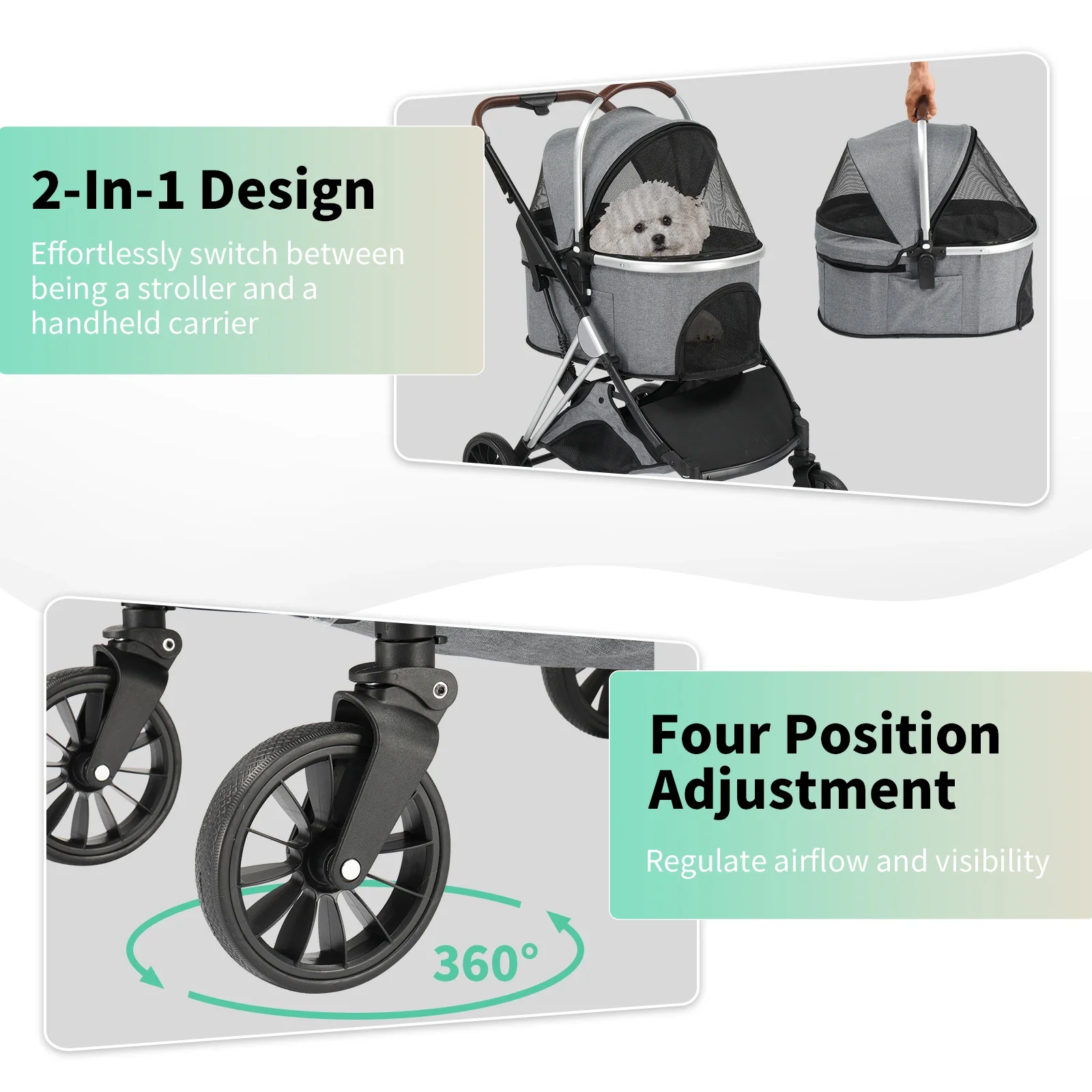 Pet Stroller 3 in 1, Folding Lightweight Dog Stroller with Detachable Carrier & Storage Basket, 4 Wheels Travel Stroller