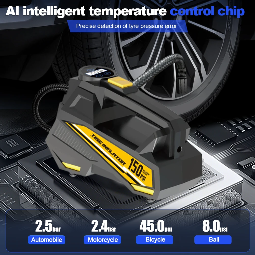 

Цифровой воздушный компрессор 150PSI, автомобильный насос высокого давления со светодиодной рабочей подсветкой, точный мониторинг давления, электрический накачиватель шин