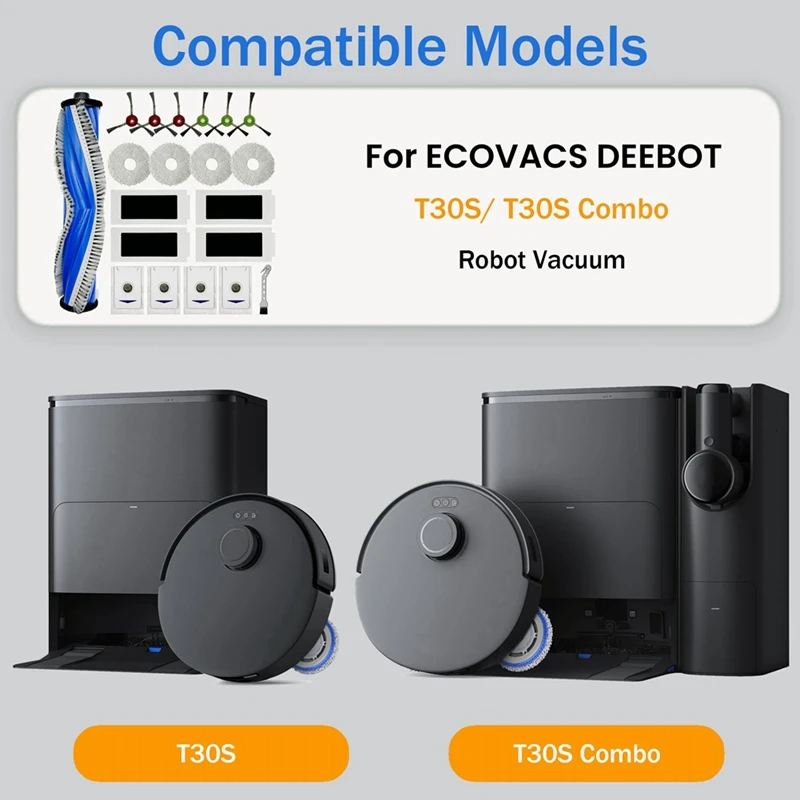 AD-Peças de reposição para ECOVACS DEEBOT, Combo Robot Vacuum, escova principal, escova lateral, filtro, Mop Pad, saco de poeira, T30S