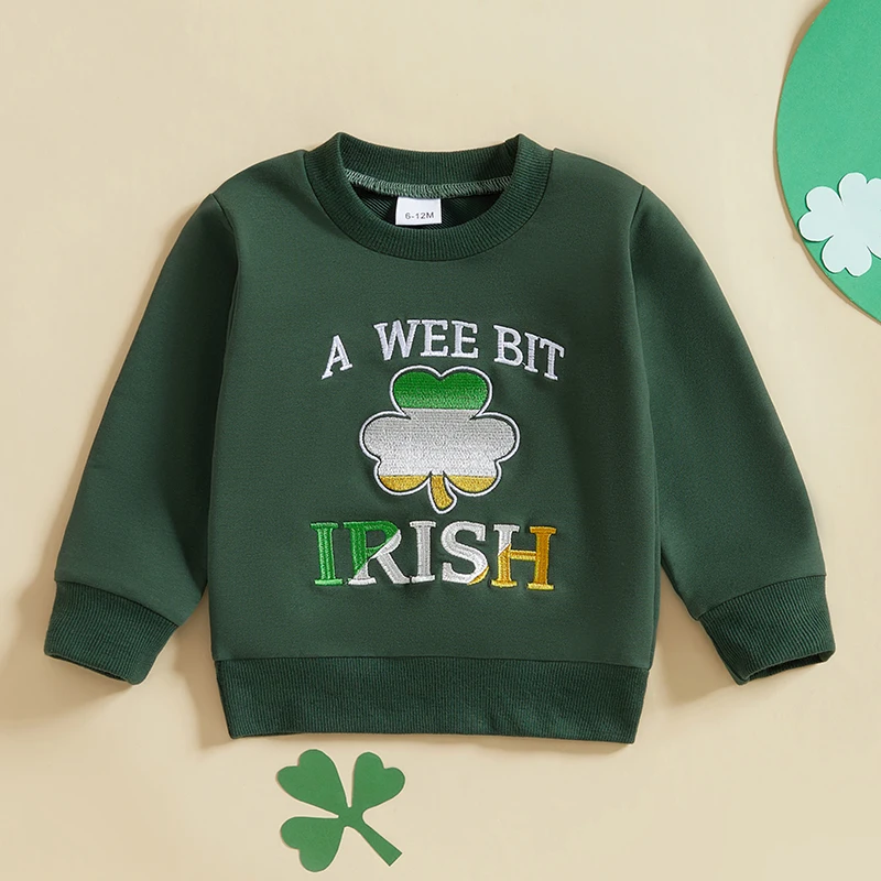 Toddler Girls Boys Sweatshirts Letter Clover Embroidered Crew Neck Long Sleeve Kids Pullovers Spring Irish Clothes Tops