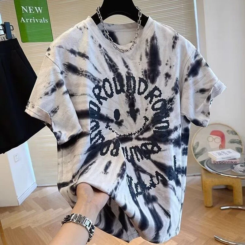 Fashion O-Neck Printed Letter Short Sleeve Tie Dye T-Shirts Men\'s Clothing 2024 Summer New Loose Casual Tops England Tee Shirt