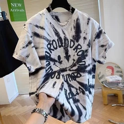 Fashion O-Neck Printed Letter Short Sleeve Tie Dye T-Shirts Men's Clothing 2024 Summer New Loose Casual Tops England Tee Shirt