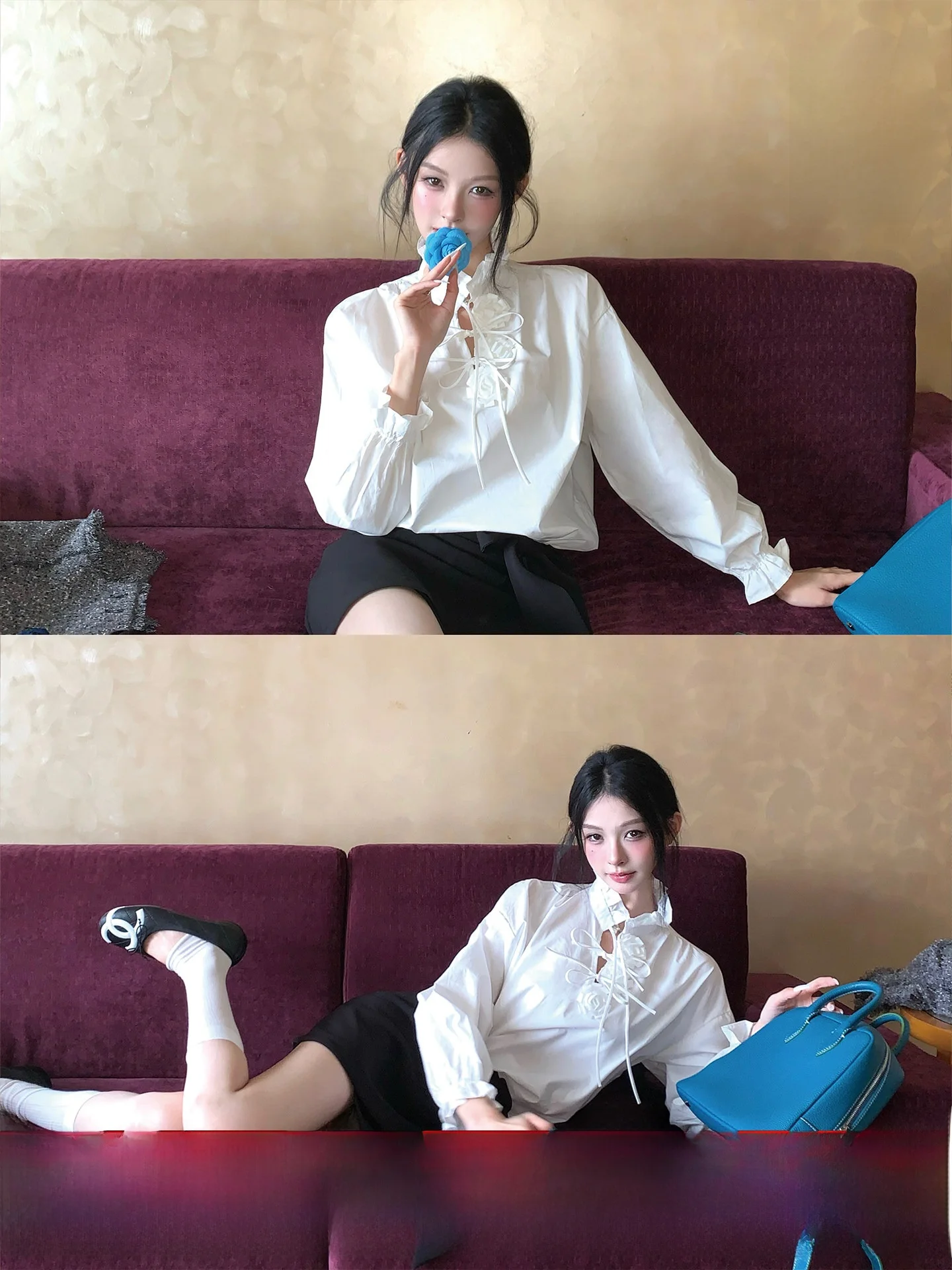 

Французская женская блузка с цветочным воротником, изысканный дизайн, хлопок, длинный рукав, свободный крой, для повседневной носки