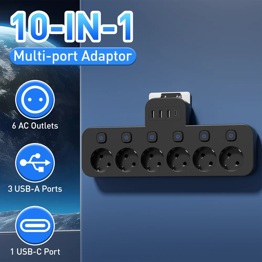 10-in-1 Multifunctional Wireless Converter, USB Socket Converter, 6 Ac Outlets, 3 USB Ports, 1 Type-C Port, Independent Multi-Switch One-To-Many Power Strip, USB Wireless Conversion Plug, 6-Switch Controller, Portable Power Strip for Travel/Dormitory/Home/Company, Black/White Wall Switch Socket image 6