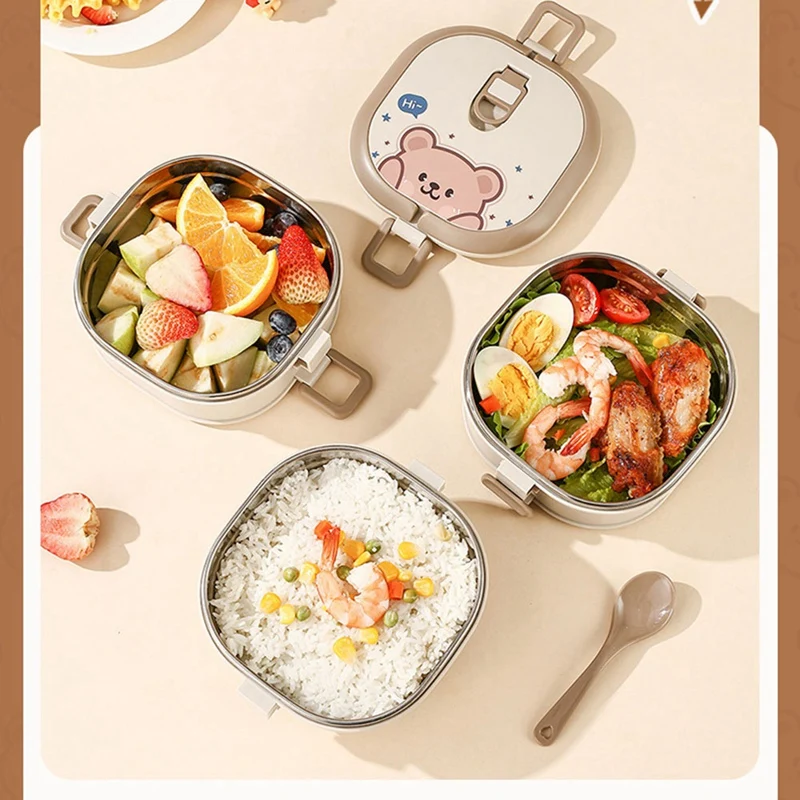 304 Stainless Steel Insulated Lunch Box With Spoon Stacked Bento Box Portable Cute Food Box Leak Proof Food Container