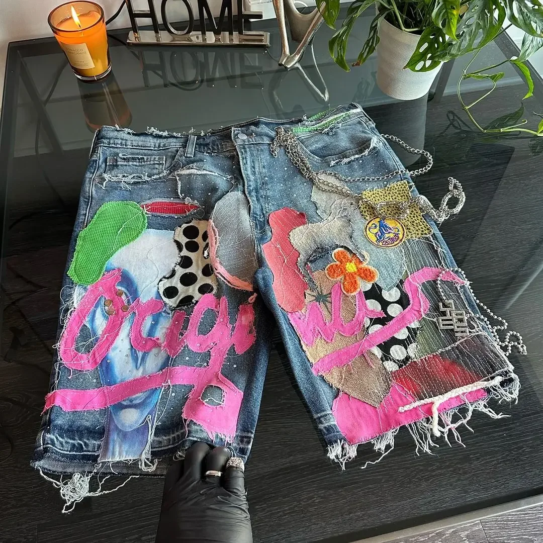 Gothic Punk Skull Letter Patchwork Shorts Heren Y 2K Streetwear Broek Hiphop Fashion Denim Shorts Zomer Nieuwe Hot Sale