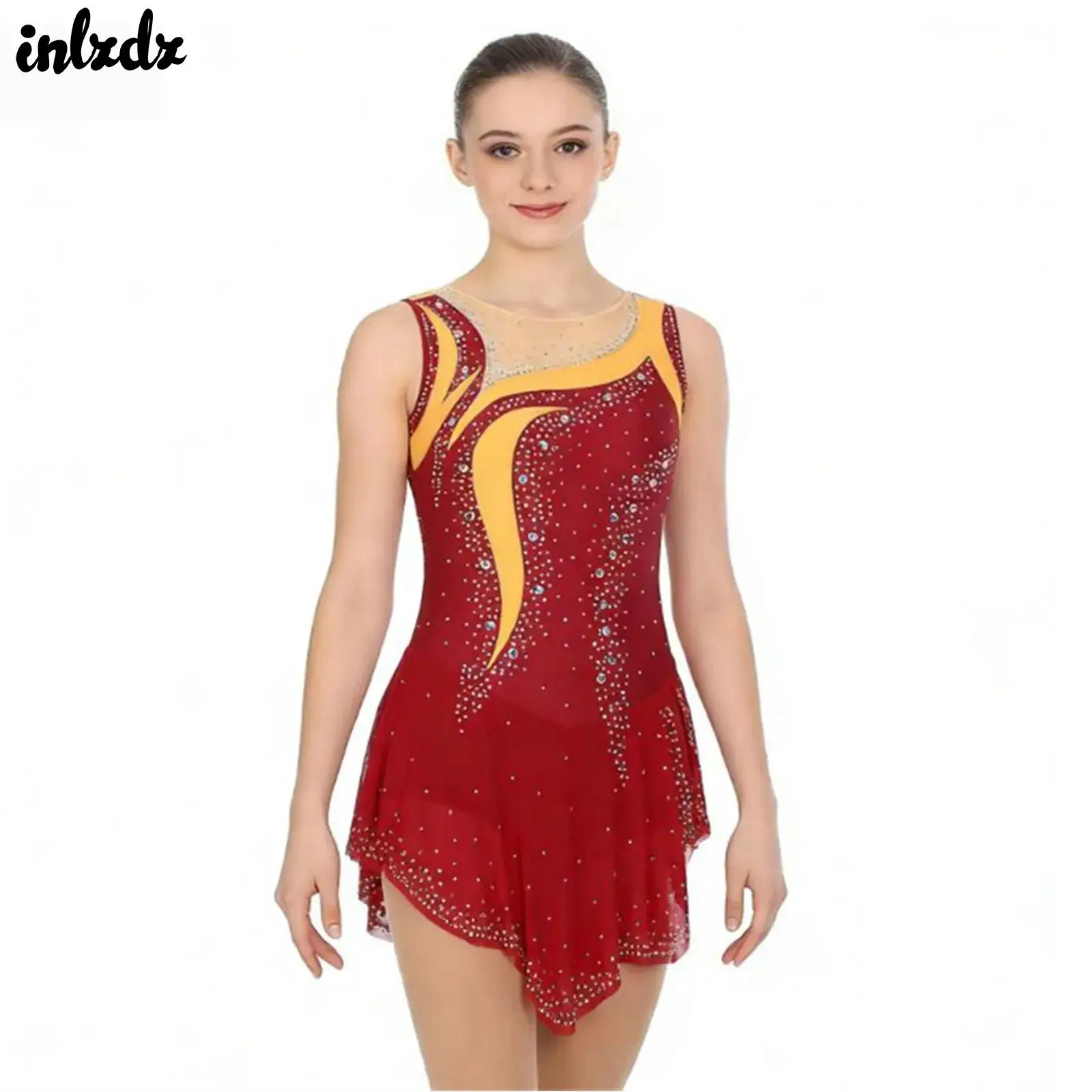 

Womens Rhinestones Ballet Jersey Leotard Lyrical Dance Overlay Dress Gymnastics Acrobatic Figure Skating Performance Costume
