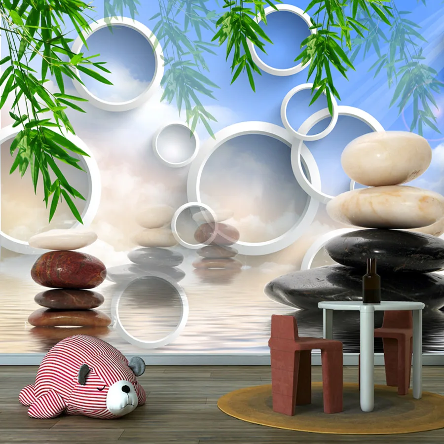 

Пользовательские обои Peel and Stick Съемные обои Домашний декор для гостиной Спальня Камень Бамбук на круг Река ТВ Фреска
