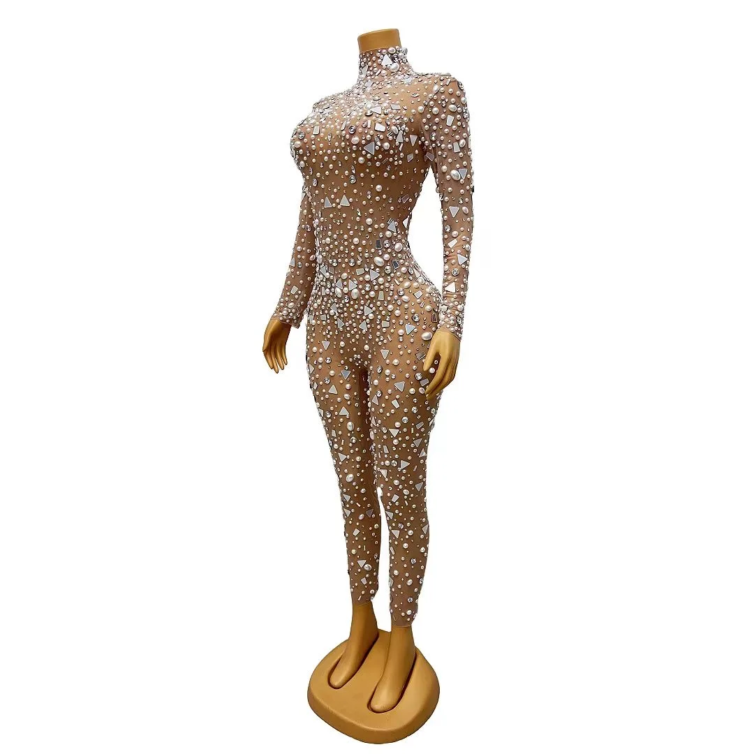 Sparkly AB Crystals Mesh Jumpsuit Sexy See through Rhinestones Bodysuit Rompers for Stage Birthday Dance Evening Outfit