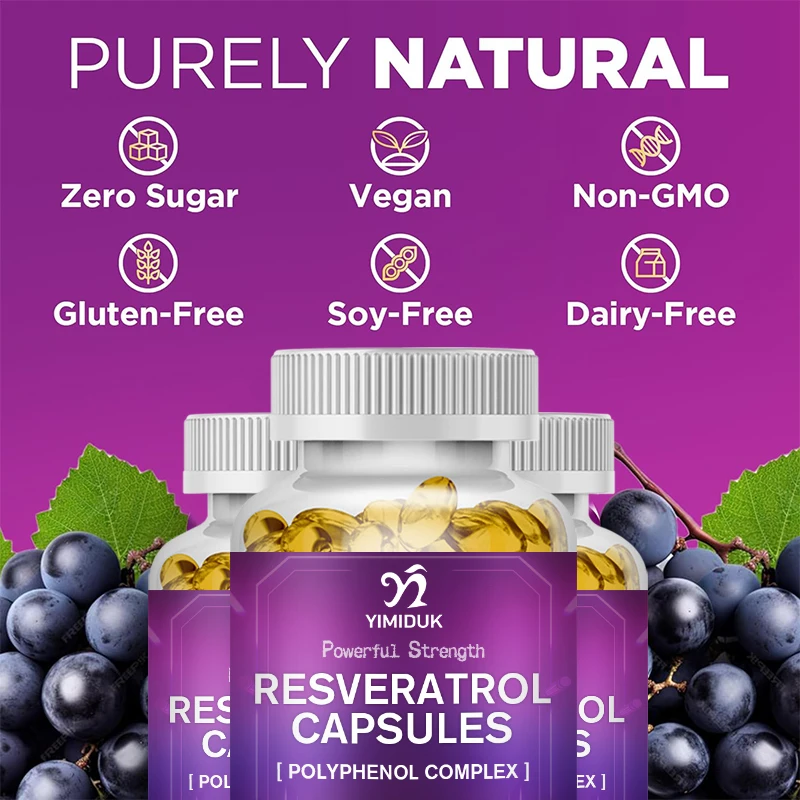 Resveratrol Capsules, Antioxidant Supplement, Natural Trans-Resveratrol Pills, for Anti-Aging, Immune System&Brain Function