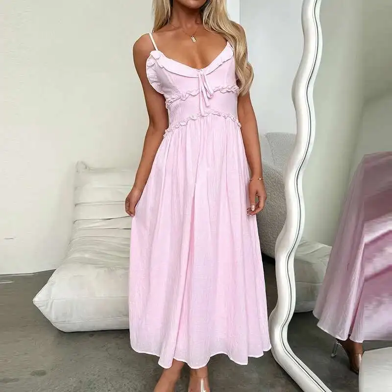 Sexy Hollow Out Sleeveless Pleated Beach Simple Solid Color Women's Holiday Dress New V Neck Ruffle Suspender Long Dresses