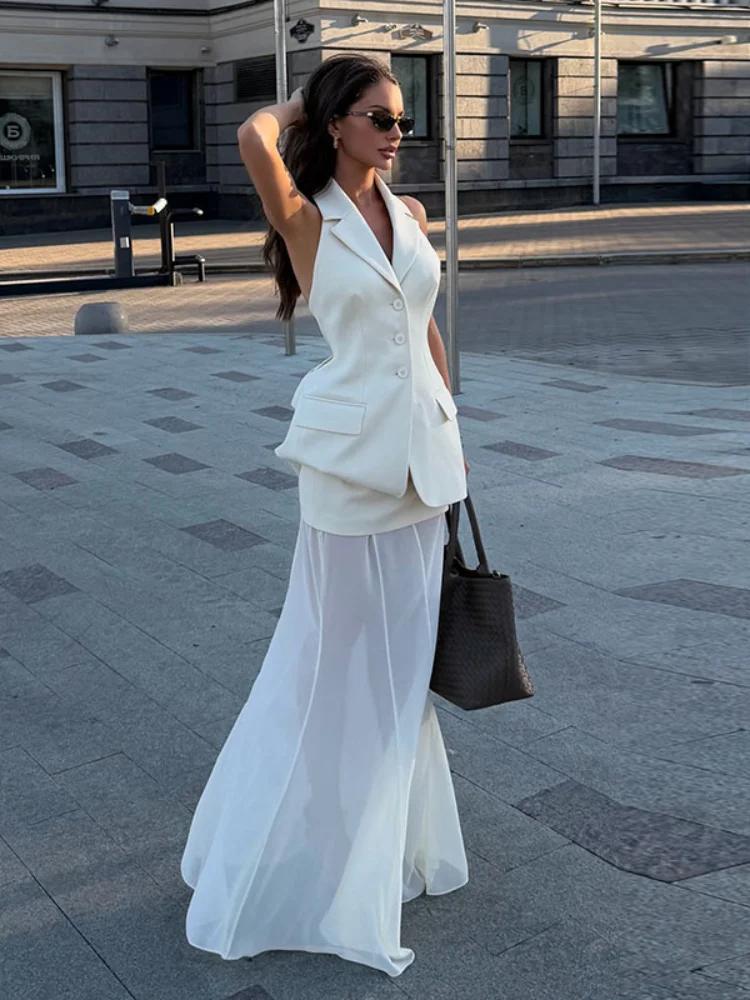 Sleeveless Blazer Skirt Suit Notched Lapel Waist Tied Backless Top With Sheer Mesh Long Skirts Chic Banquet Outfits For Women