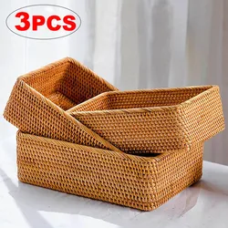 Handwoven Basket Organizer Wicker Basket Rectangular Rattan Basket Storage Tray Bread Fruit Picnic Basket Cosmetic Storage Box