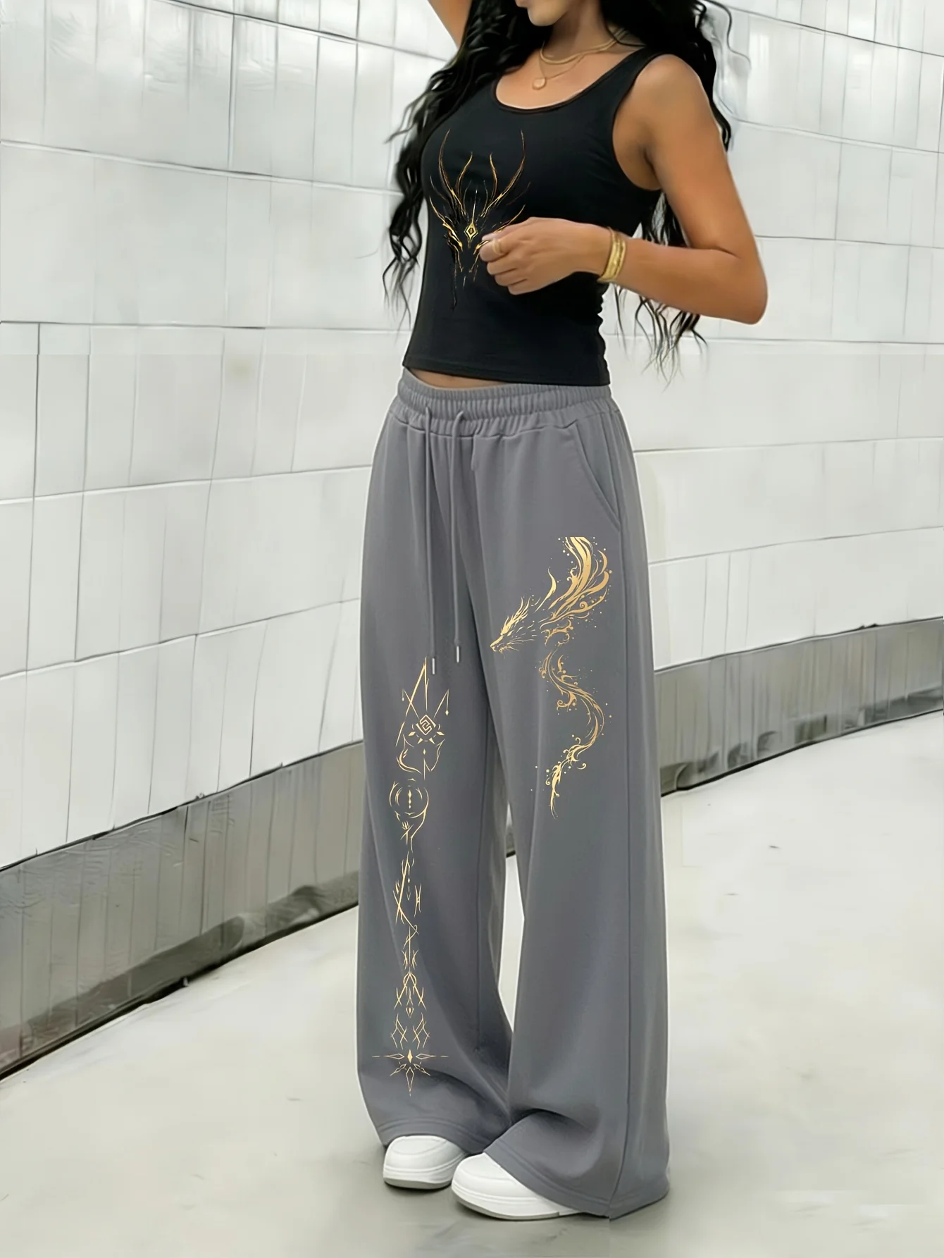 Women's Casual High-Waisted Wide-Leg Pants with Gold Dragon Print – Loose, Drapey Fit for Sports Fitness  sweatpants women