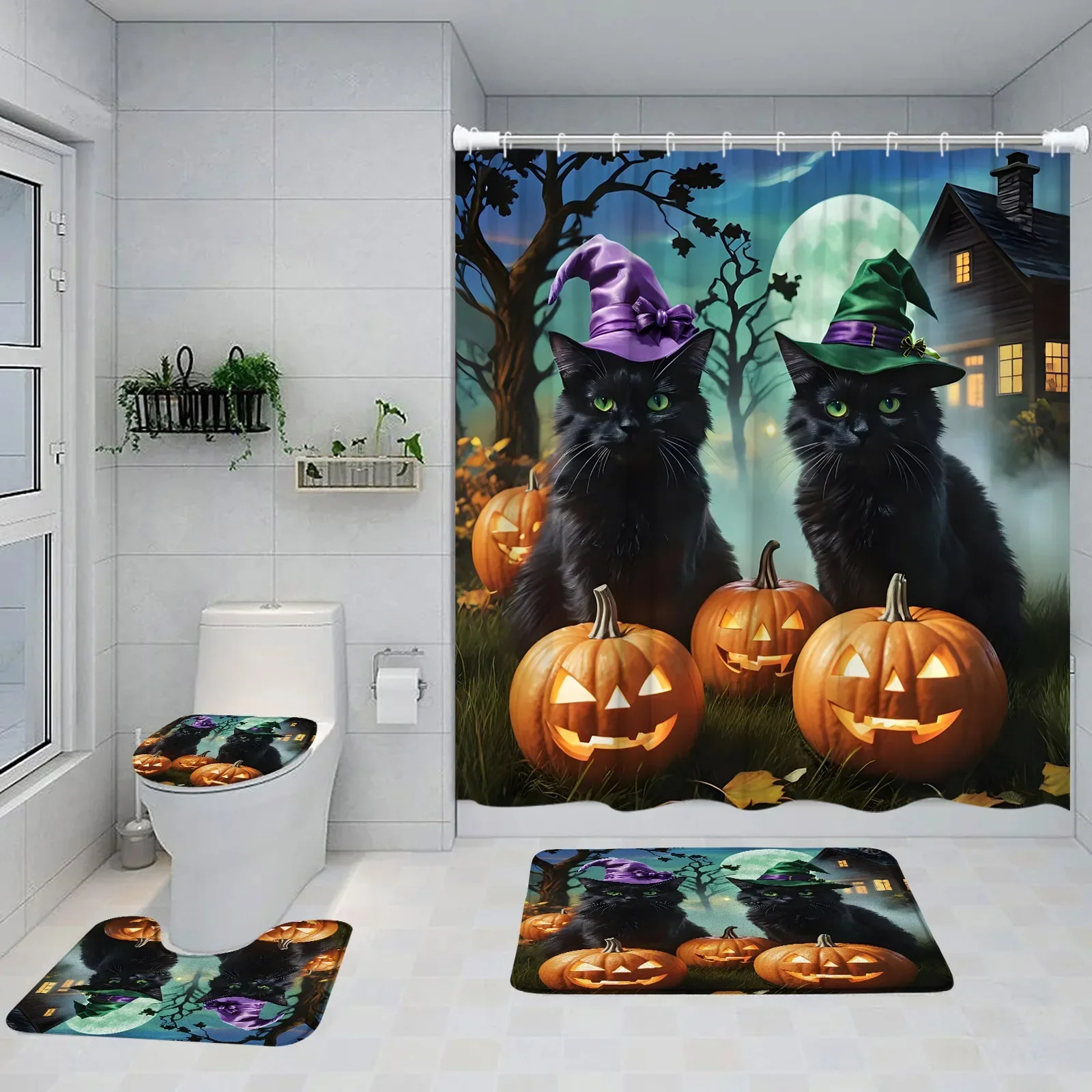 Happy Halloween Shower Curtain Set Black Cat Pumpkin Lantern Full Moon Horror Night Witch Bath Curtain Home Mat Toilet Lid Cover