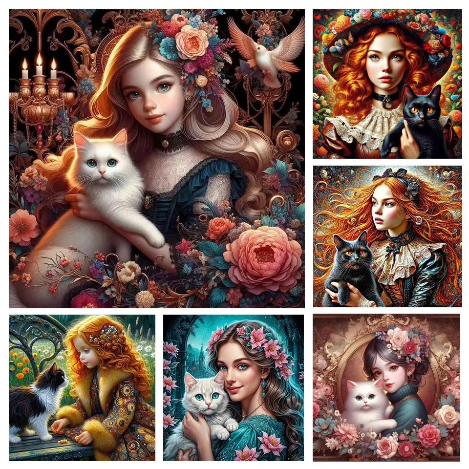 Beautiful Girl and Cat Diamond Mosaic Fairy Diamond Painting Animal Embroidery Pumpkin Full Square Round Wall Decoration Holiday