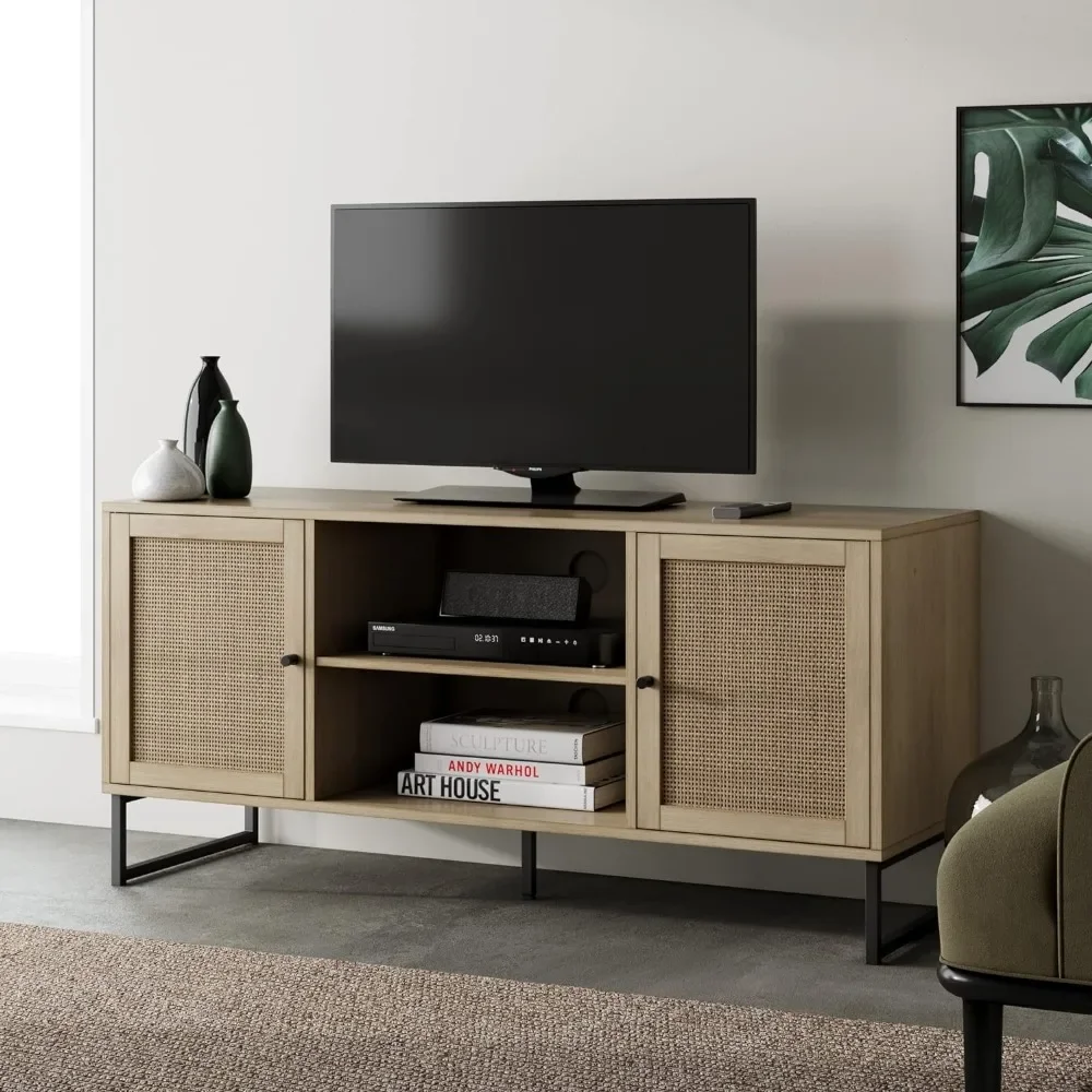 Soporte de TV moderno para 74101, mueble de entretenimiento, consola multimedia con acabado de madera de roble Natural y detalles en negro mate