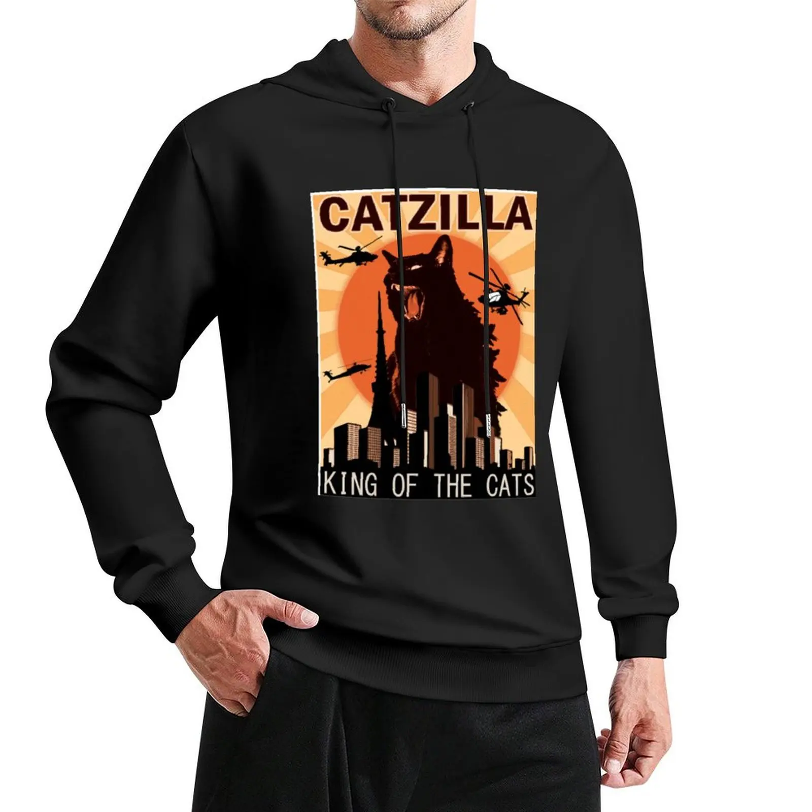 Vintage Catzilla Japanese Sunset Style Cat Kitten Lover Pullover Hoodie korean autumn clothes clothes for men pullover hoodies