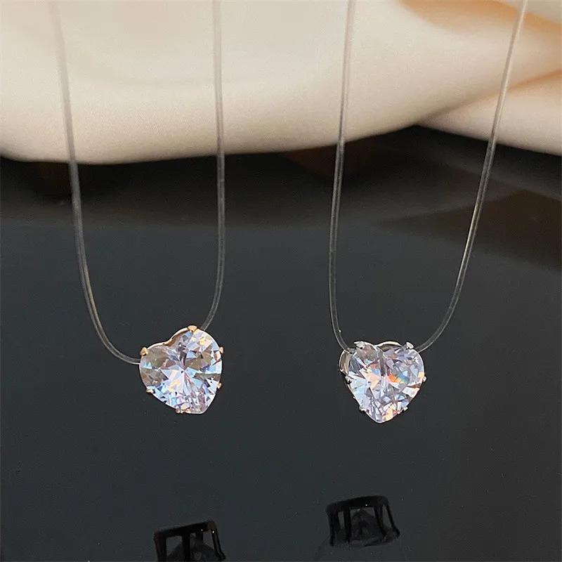 Transparent Invisible Fish Line Zircon Heart Pendant Necklace for Women Fashion Jewelry Wearable for Gathering Party