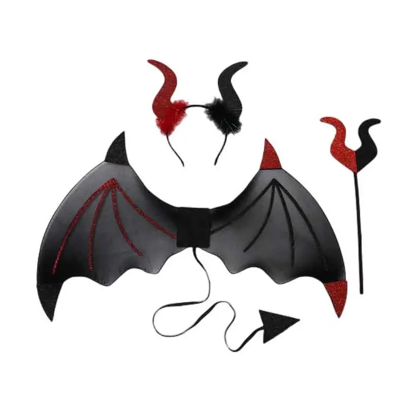 Children Boy Girl  Halloween Devil Wings with Tail Horn Headband and Fork Devil Costume Set  Party Cosplay Fancy Dress Red Black