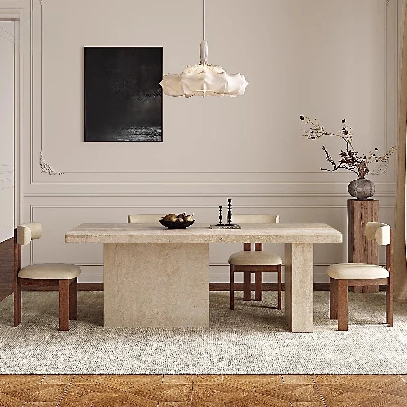 Travertine rock slab dining table and chair combination, household French retro bottom hanging rectangular dining table