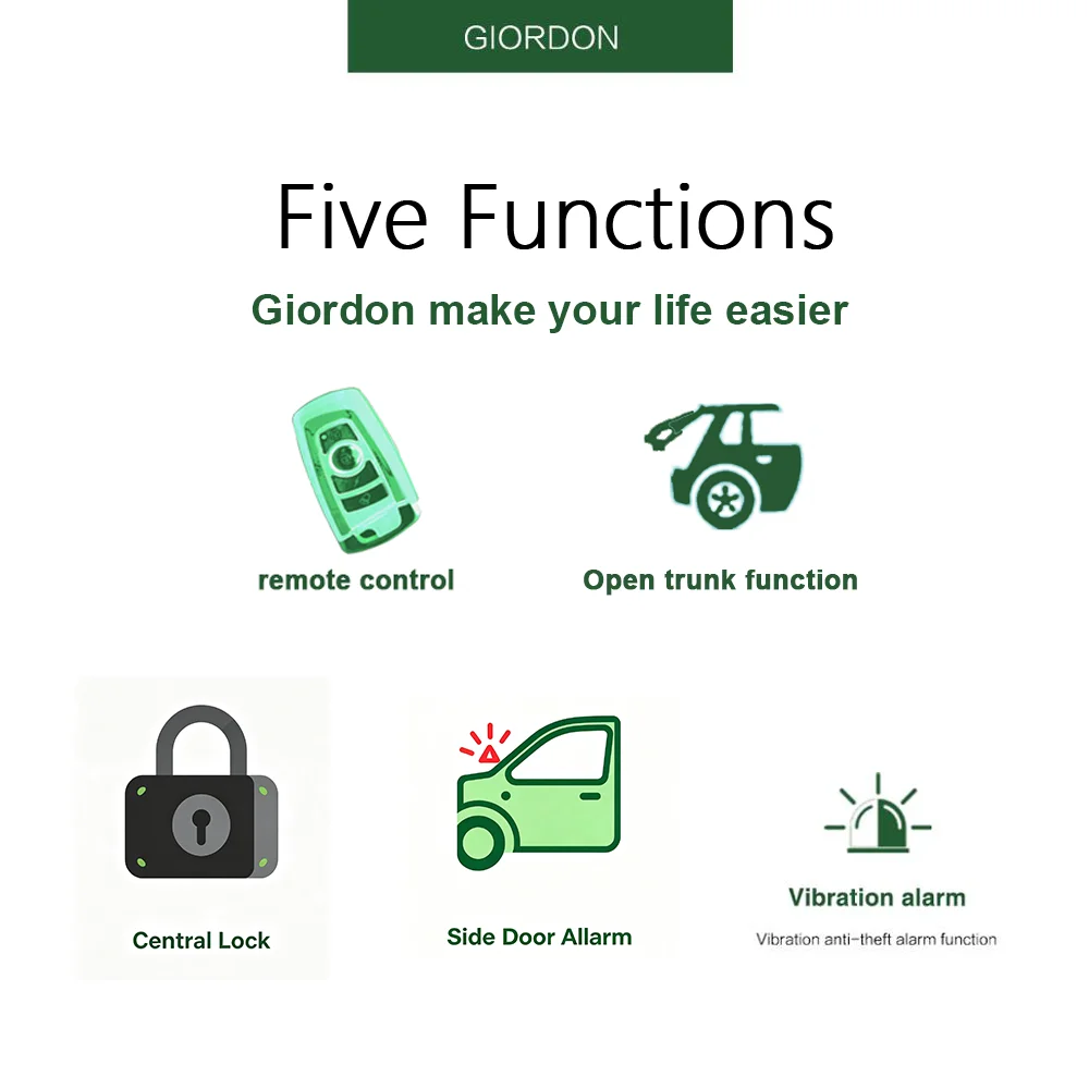 GIORDON G6 Car Alarm System Central Lock Vibration Alert Side Door Anti-Theft Alarm Automotive Security System