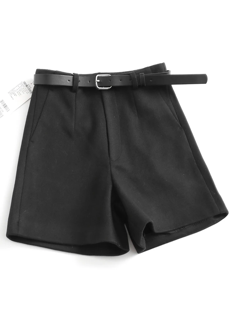 

Loose Straight Leg Pants High Waist Wool Blend Casual Trousers Belted Bootcut Pants Women's Casual Shorts H956