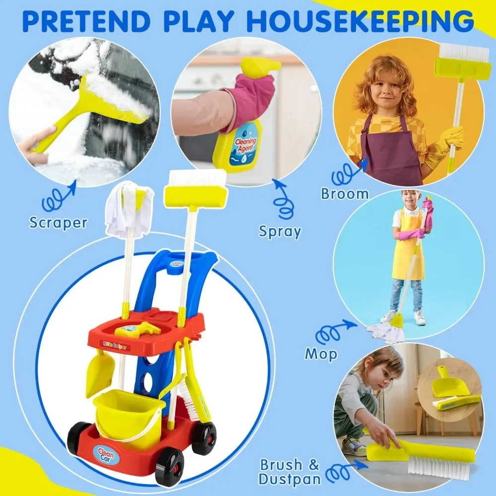 11 pçs fingir jogar vassoura e esfregão conjunto crianças conjuntos de limpeza, brinquedo de limpeza de casa ferramentas de limpeza brinquedos para meninos meninas