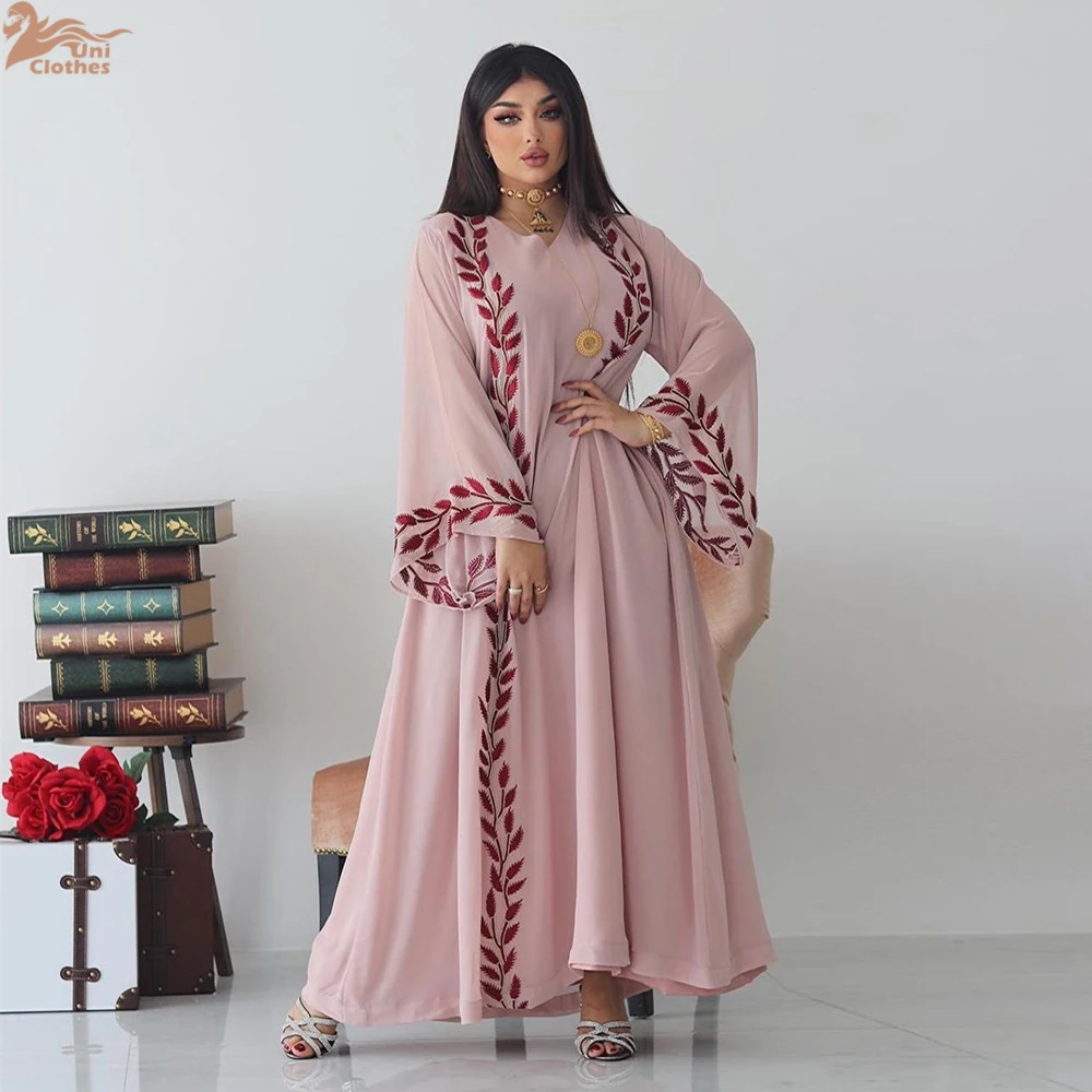 

Fashion Chiffon Floral Embroidered Abaya Hijab Dress for Women Pink V Neck Long Sleeve Loose Arabic Muslim Dubai Moroccan Caftan