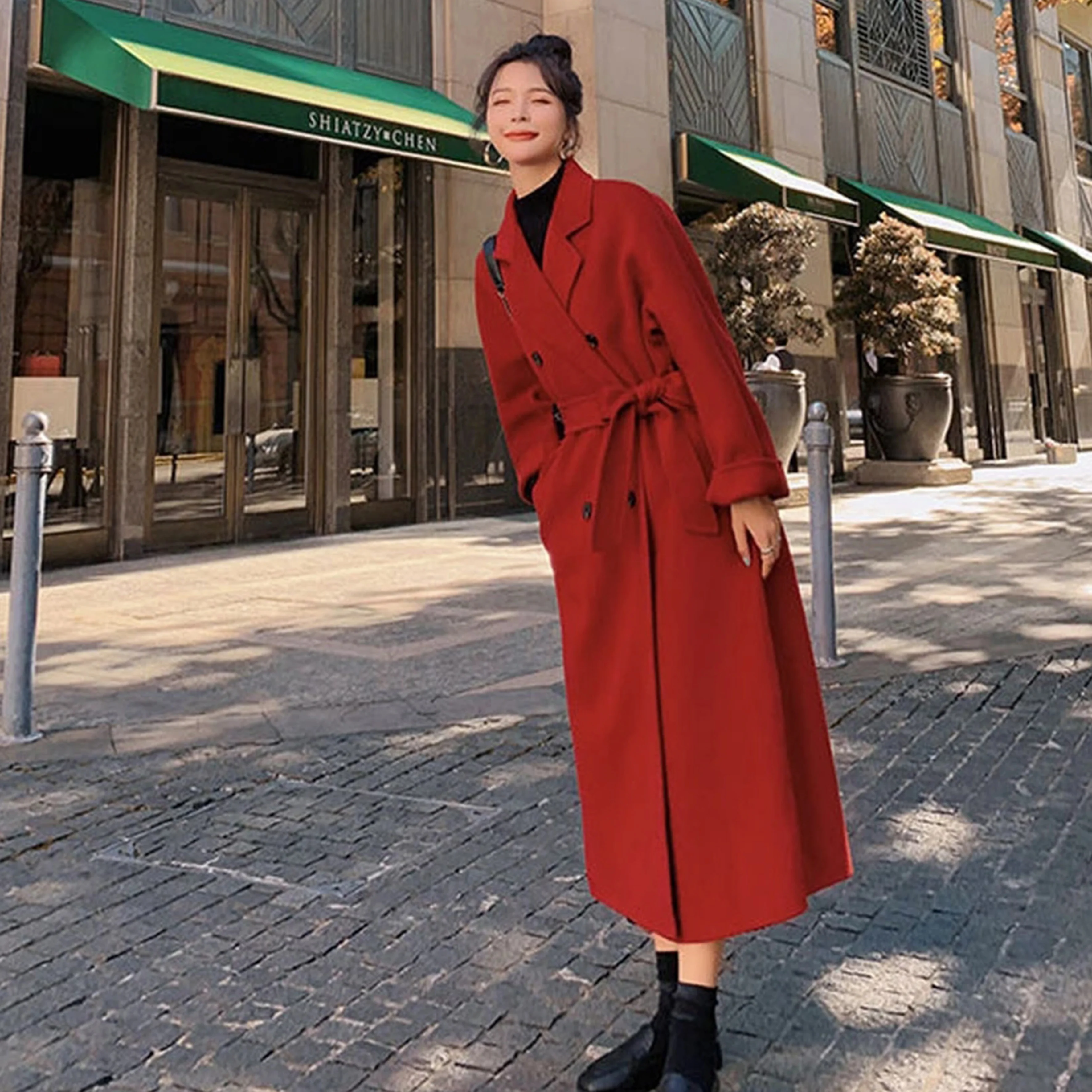 Gabardina de lana gruesa para mujer, Chaqueta larga con cordones rojos, abrigo negro informal, elegante, moda coreana, Invierno