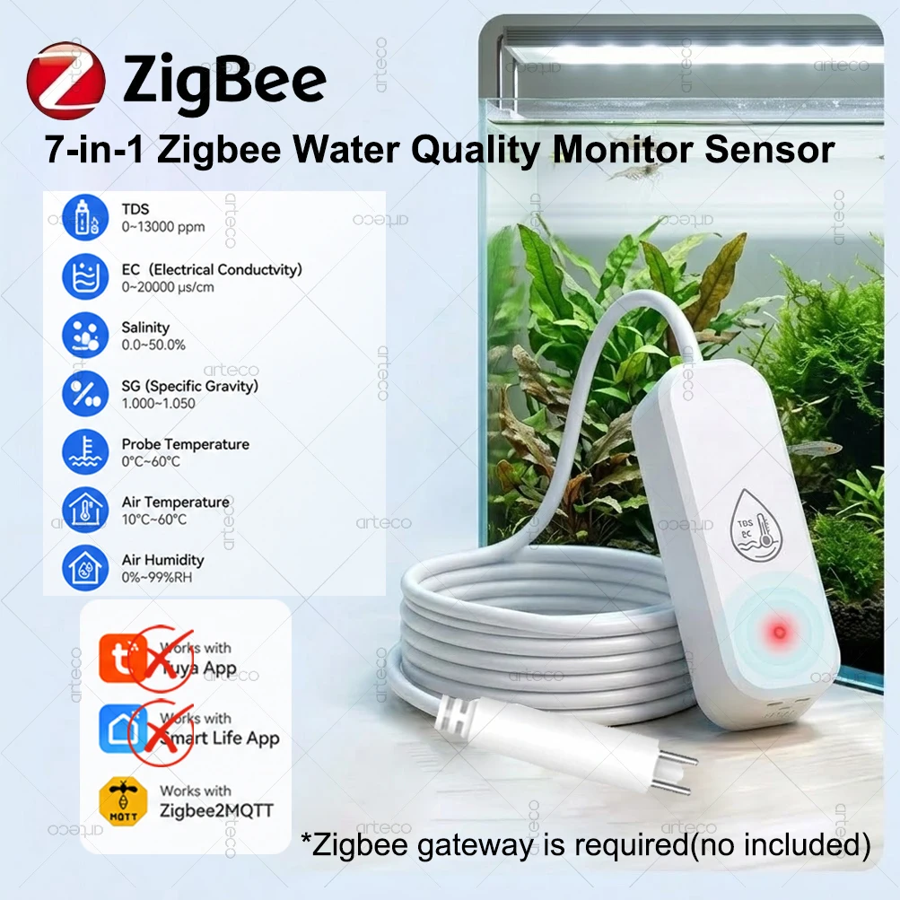 Zigbee Water Quality Tester Smart 7 in 1 TDS EC Salinity SG Tester Probe Temperature Humidity Sensor Works with Zigbee2mqtt
