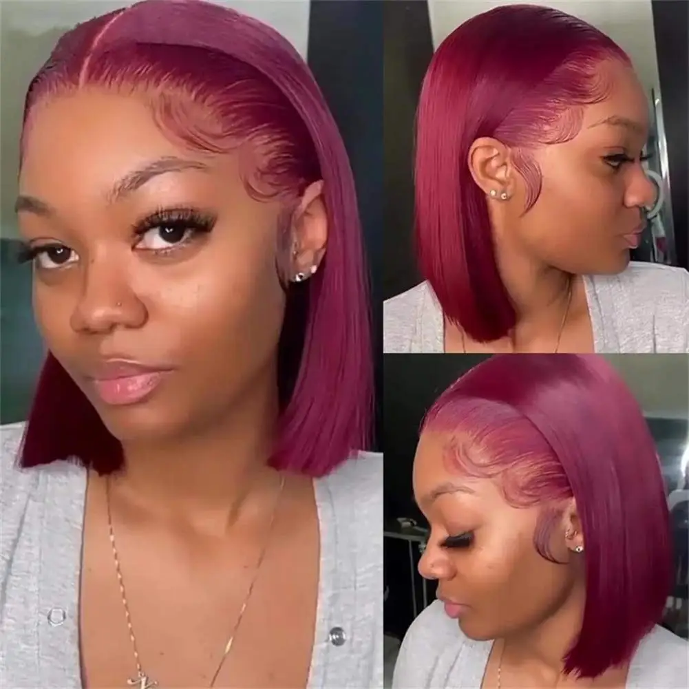 99J Burgundy Straight Bob Wigs Human Hair Pre Plucked 5x5 Lace Frontal Wig 99J Colored Short Straight Wigs With Natural Hairline