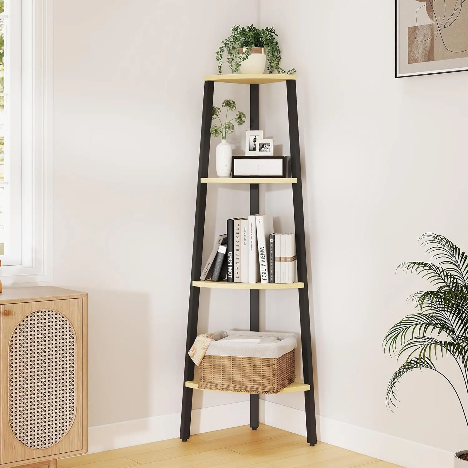 

4 Tier Ladder Corner Shelf Display Stand Anti Tip Space Saving Plants Books Living Room Bedroom Natural Oak,Customized