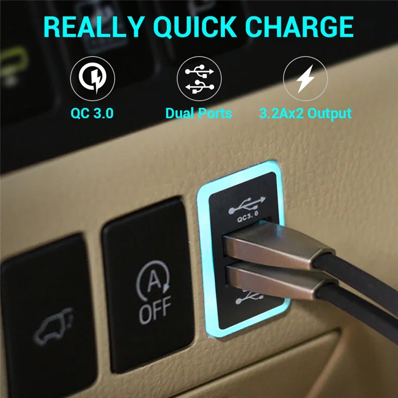 MICTUNING Universal Qualcomm 3.0 Carregador rápido Porta USB dupla com luz LED azul e vermelha DC12-24V Carregador rápido para carro para Toyota